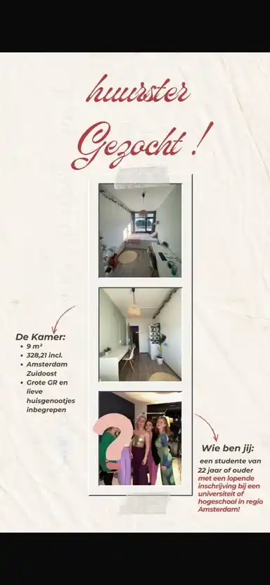 9m2 Zimmer zur Miete für 328.21€/Monat in Amsterdam